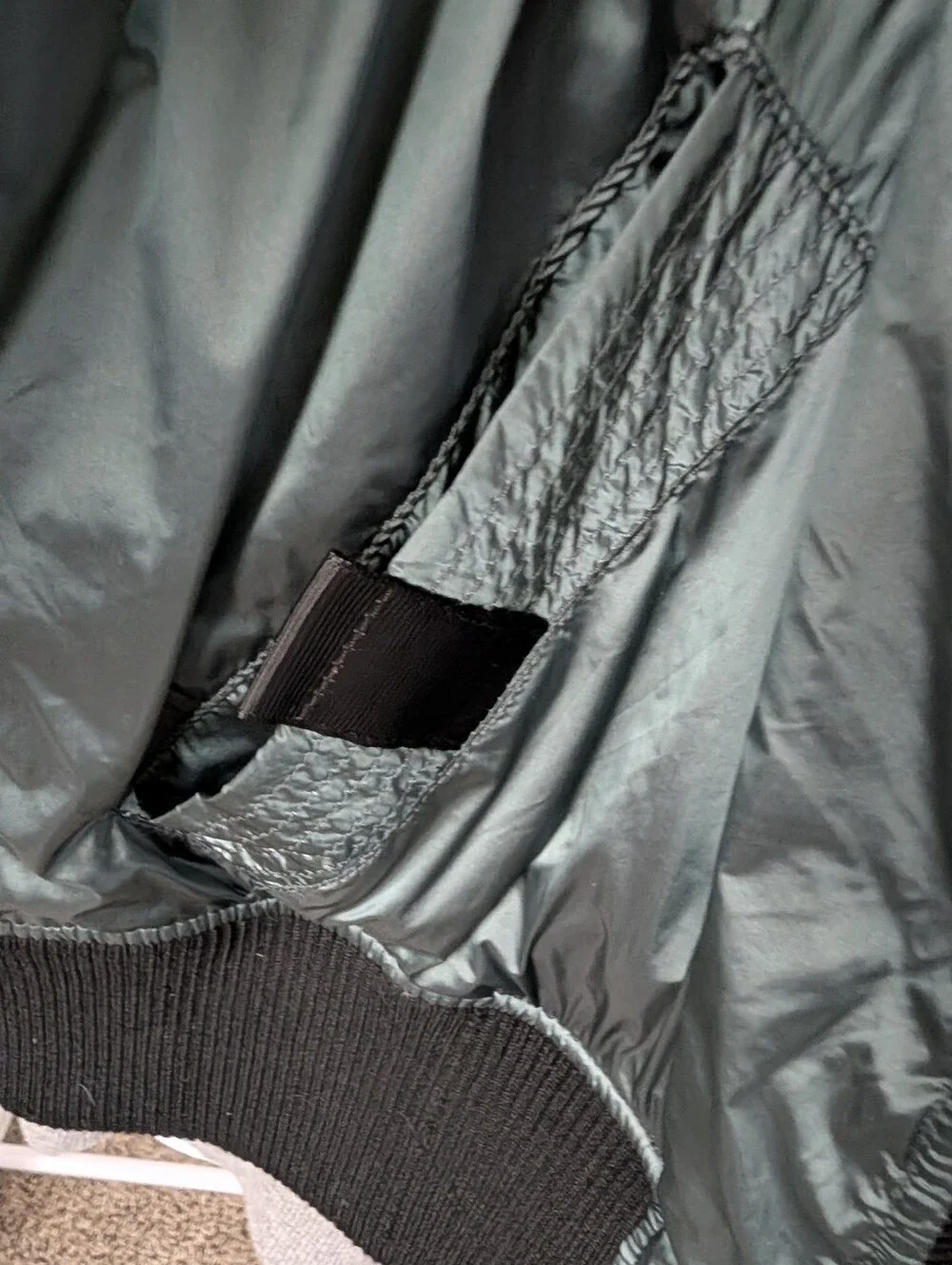Men's Quilted Bomber Jacket in Deep Green with Grey Hoodie Layer